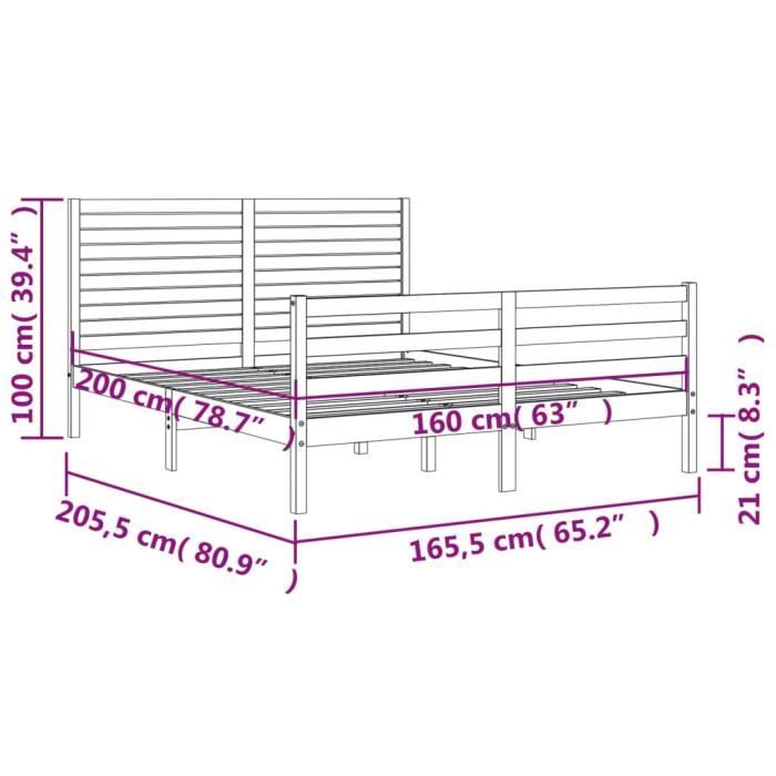 VidaXL Cadre de lit avec tête de lit 160x200 cm bois massif 3195036