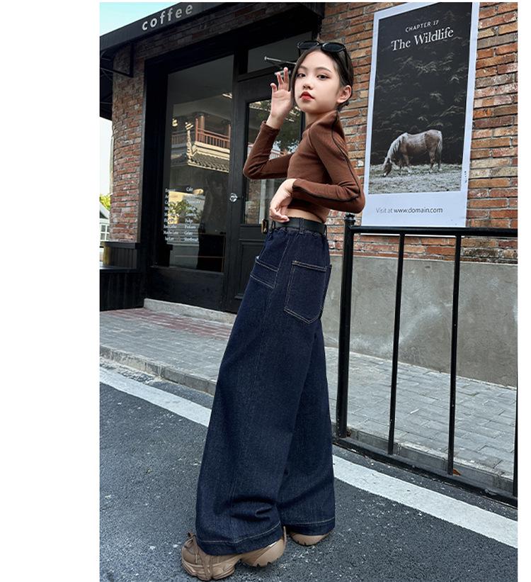 Winter 2025 Girls' Fleece-Lined Wide-Leg Jeans - Warm, Solid Color, Casual Long Pants