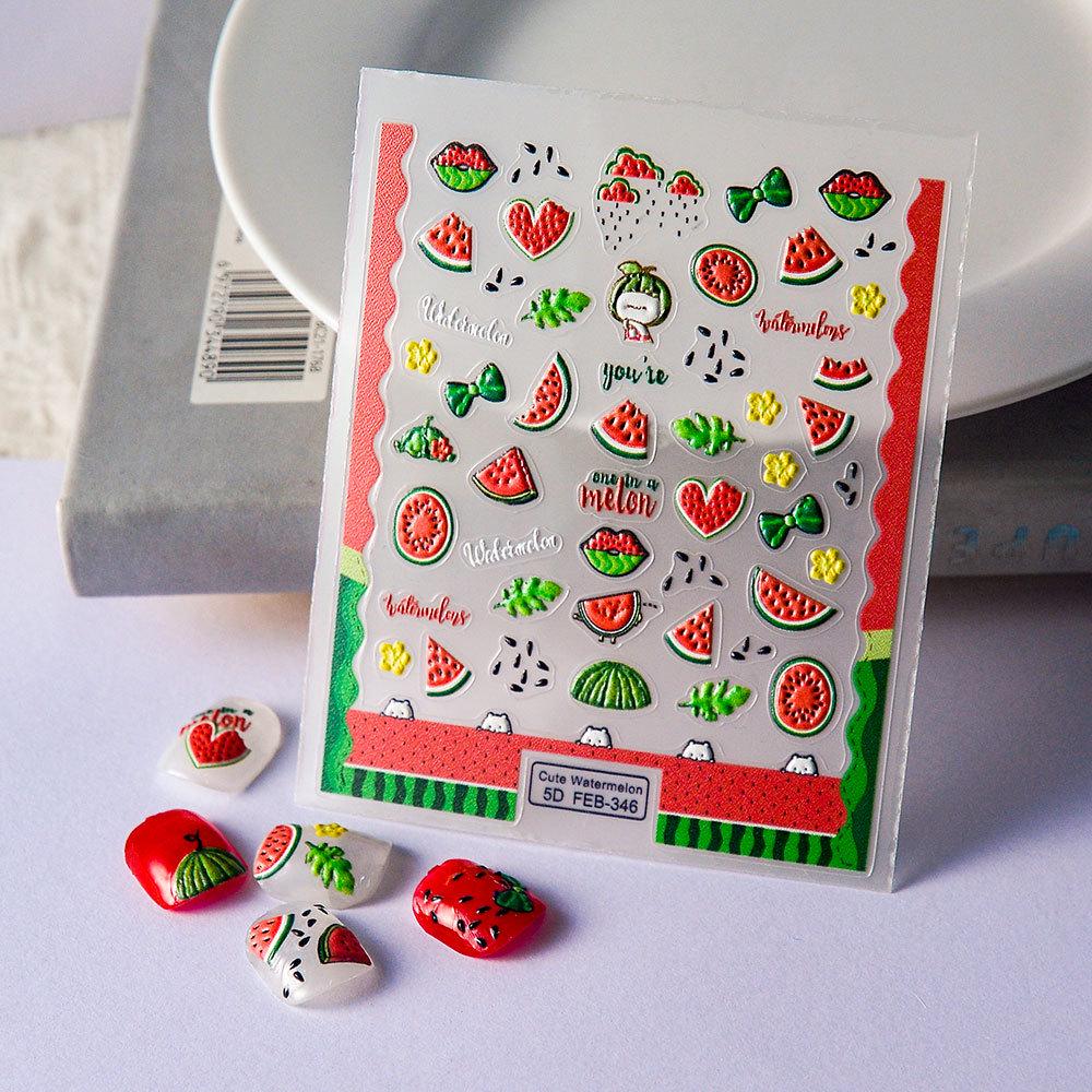 Fresh Watermelon 5D Embossed Nail Stickers with Adhesive Backing and Green Leaves Design for Mixed Batch Wearable Nail Art