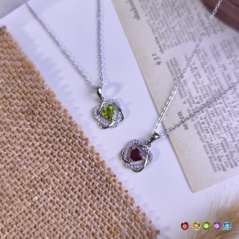 Women's S925 Sterling Silver Double Heart Necklace Natural Crystal Garnet Peridot Clavicle Chain