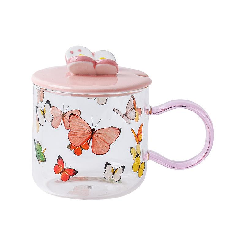 Butterfly Heat Resistant Glass Cup Breakfast Cup Gift Gift High value Pink Girl Heart Cup Cup Mug with Lid Spoon