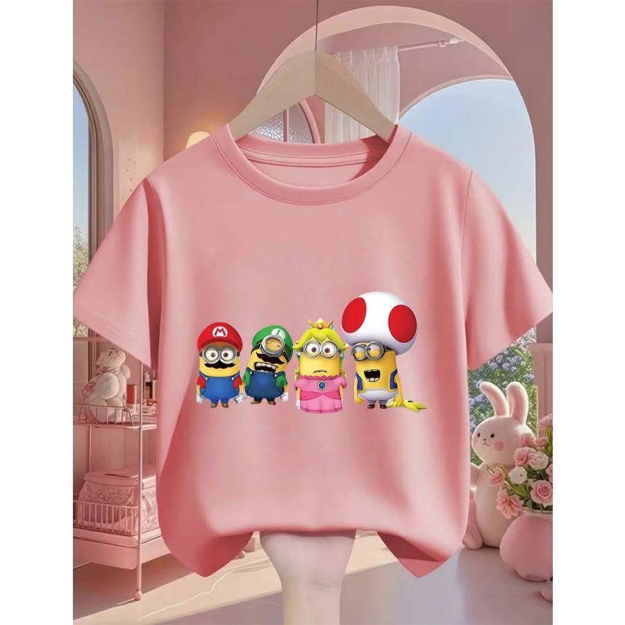Boys and Girls Cute Minions T-shirt Summer Crew Neck Fashionable Street Popular Cartoon Casual