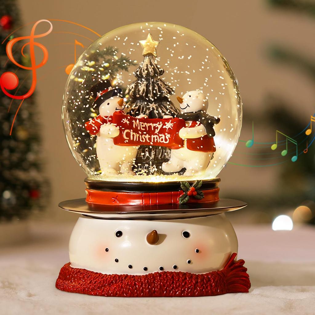 Lewondr Snow Globe (Hand-Shake Type, Built-in Warm LED, Snowmen with Banner)