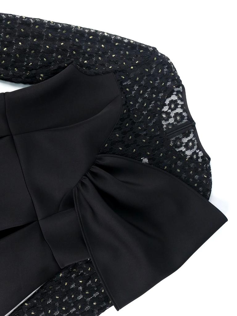 Czarna sukienka o linii A, dekolt w kształcie litery O, długi, koronkowy rękaw, wysoka talia, plisowana do kolan, wieczorowa, urodzinowa, koktajlowa suknia balowa