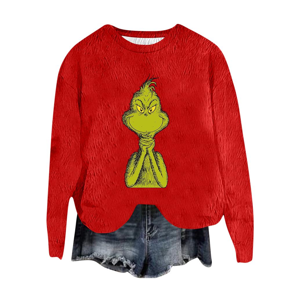 Women's Fashion Round Neck Pullover Top Long Sleeve Tee Christmas Printed Sweatshirt