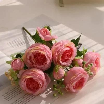 Simulation 5 Großer Kopf 4 Kleine Knospe Rosenrosa Seidenstrauß Pfingstrose Kunstblume Brauthochzeit Heimdekoration Strauß