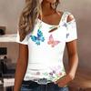 Women Butterfly Print Cold Shoulder Short Sleeve T Shirt Irregular Cutout Neck Casual Summer Blouse Top