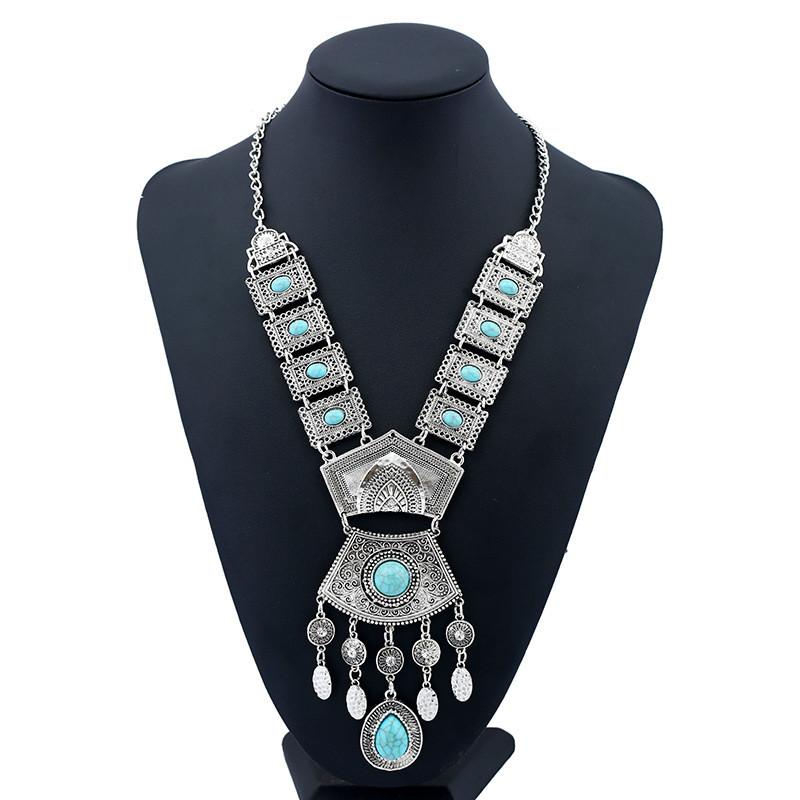 Style Simulation Ethnic Gemstone Decoration Women Metal Necklace With Tassel