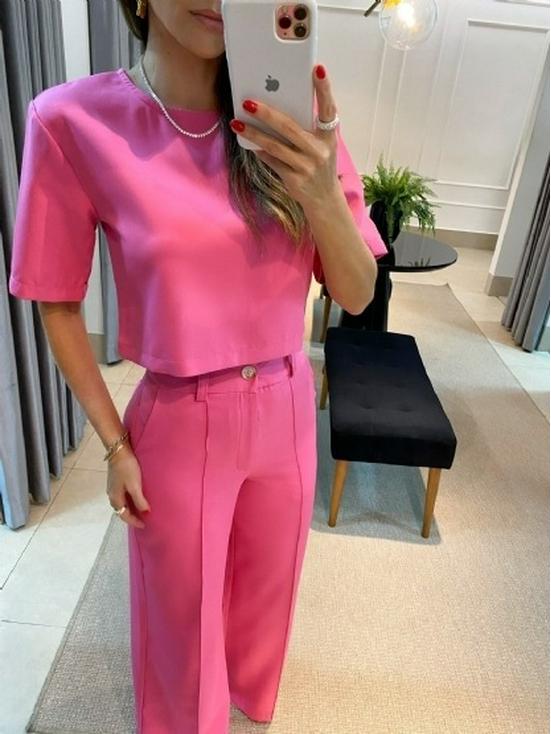 Set Casual de Camiseta de Manga Corta con Cuello Redondo y Color Sólido para Mujer Europea y Americana y Pantalones de Pierna Ancha