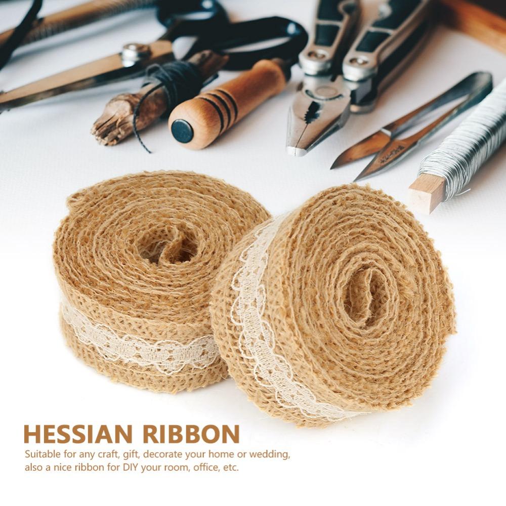 6pcs 2M/Roll Burlap Rolls White Lace Yellow Jute Hessian Jute Ribbon Rustic Style Decorative Ribbon Burlap Lace Ribbon