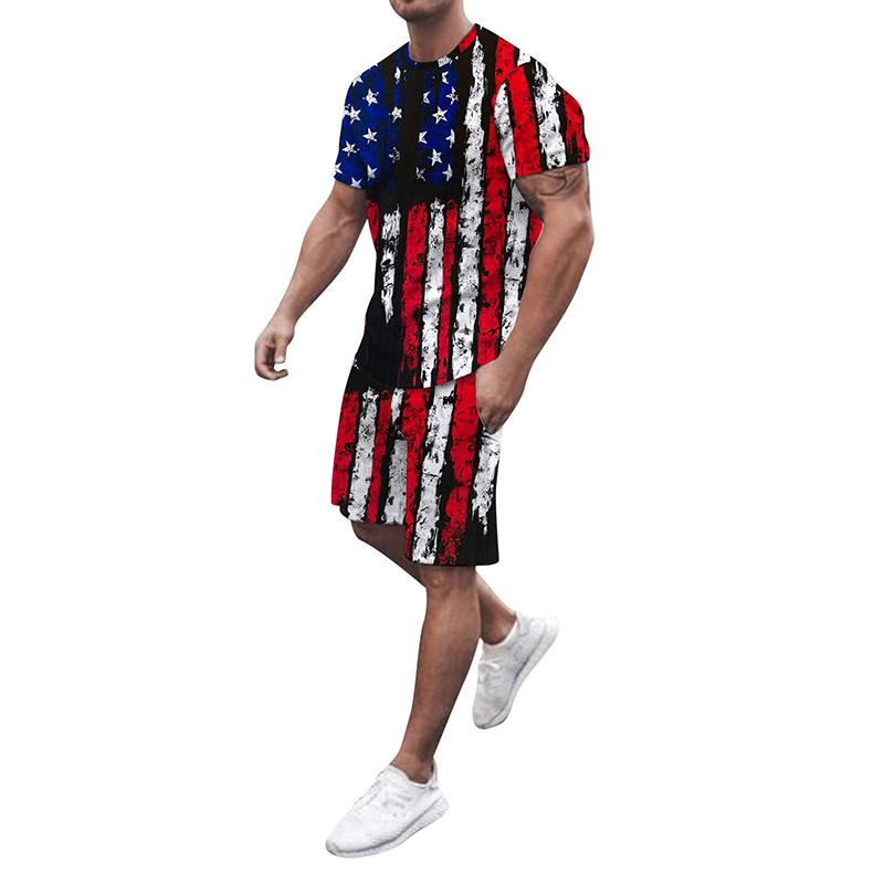 Pánské sady triček USA Americká vlajka 3D tisk Teplákové soupravy Trička Šortky 2 kusy Streetwear Pánské oversized obleky Sportovní oblečení