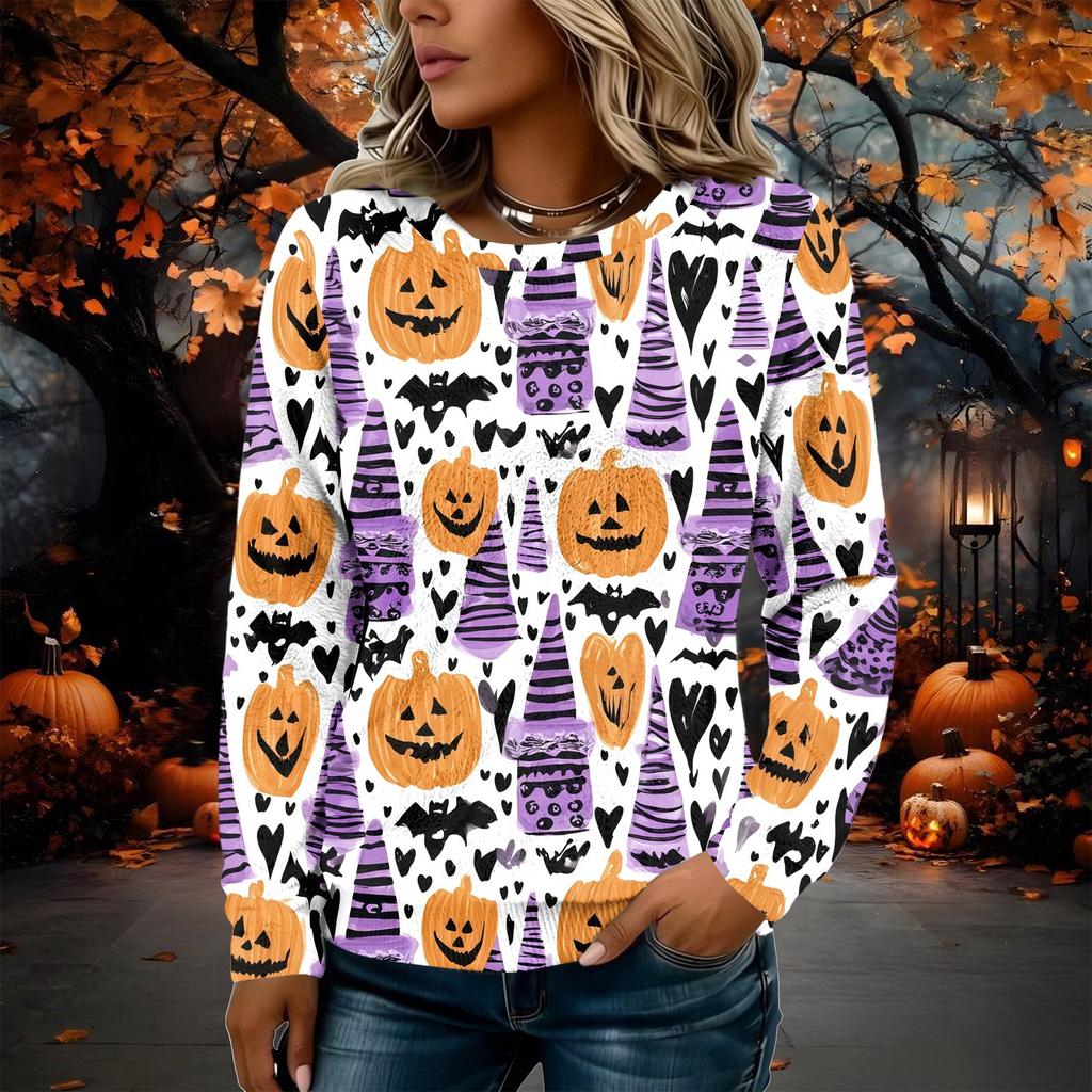 Women's Long Sleeve Flannel Top with Halloween Print for Fall Holiday