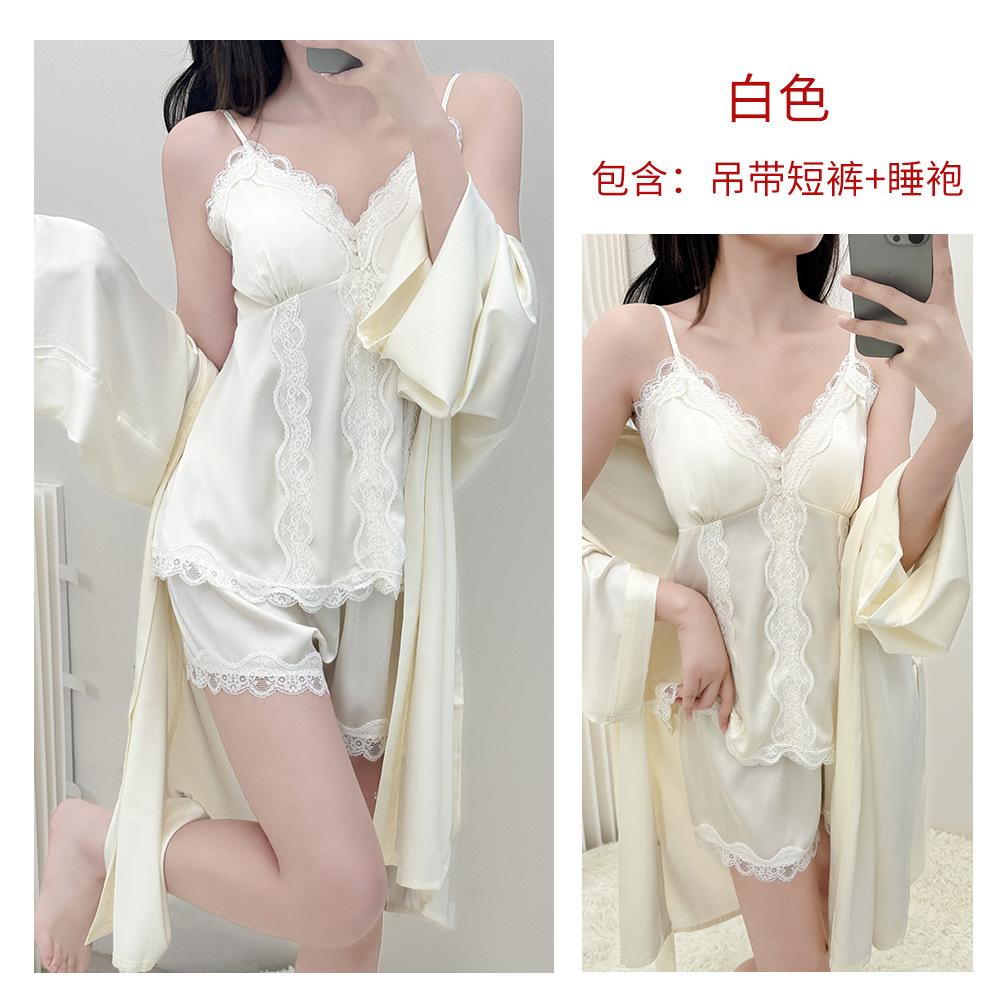 French Style Light Luxury Spaghetti Strap Shorts Set for Women, Summer with Chest Pad, Home Lace Loungewear, Thin Ice Silk Women's Pajamas