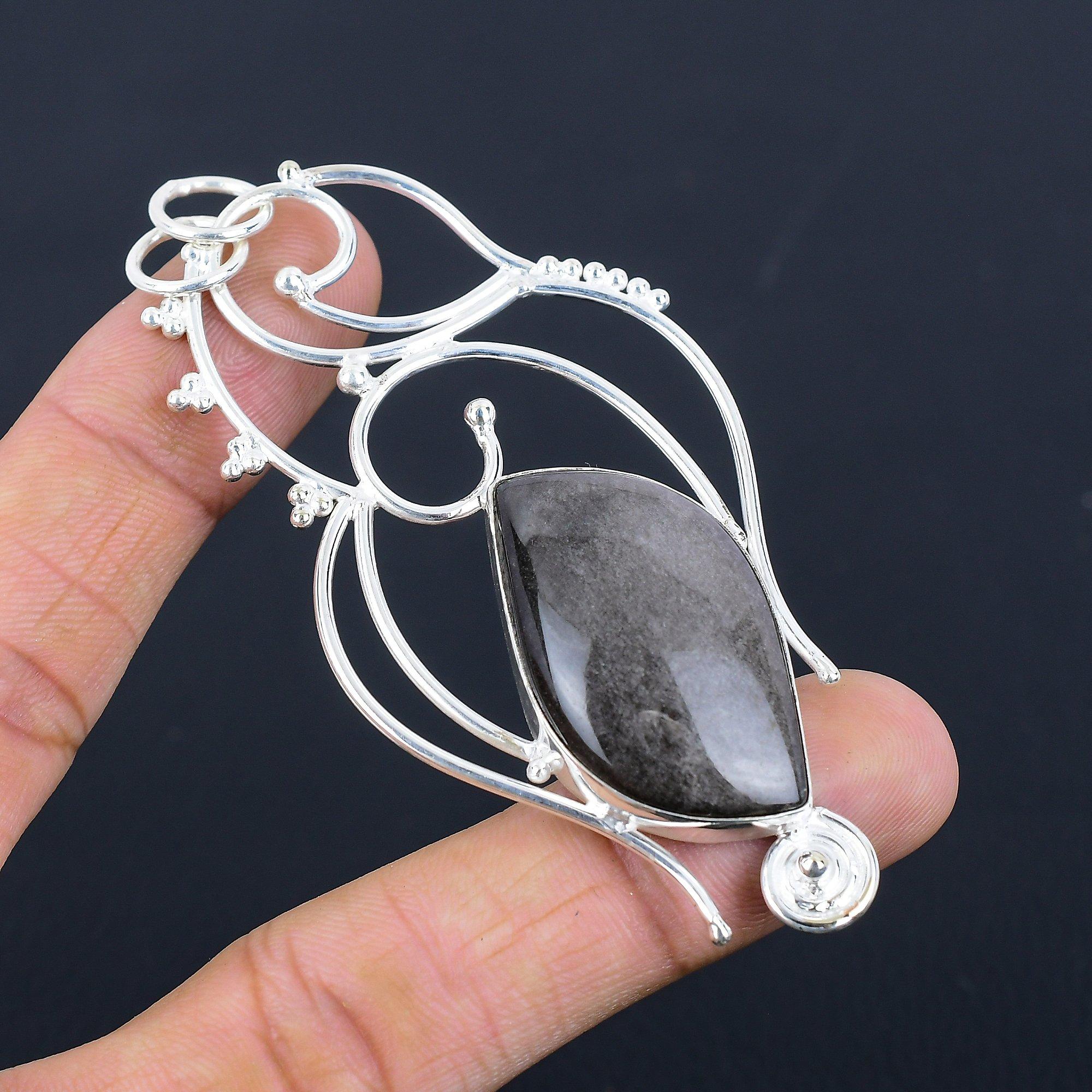 Halloween Sale Silver Sheen Obsidian Gemstone Wife Bezel Pendant Sterling Silver