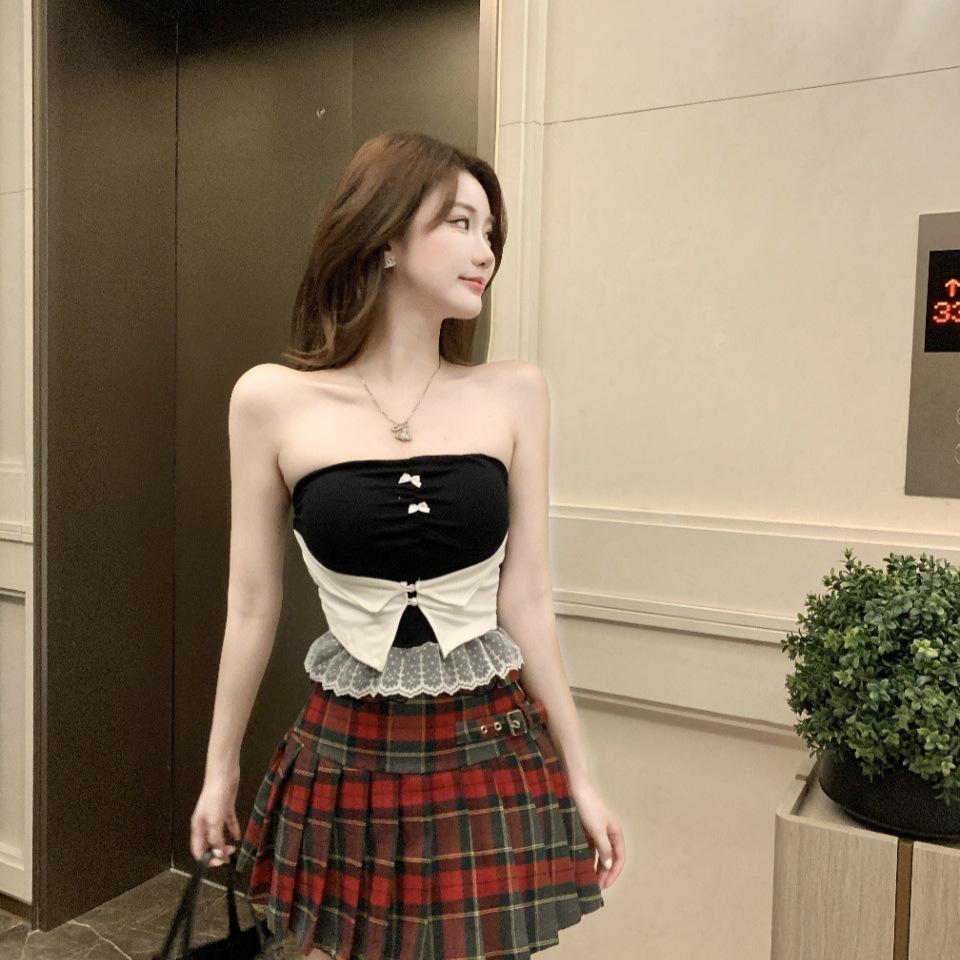 #Summer new sweet and spicy lace hem splicing tube top slim and thin women's fixed top with chest pad