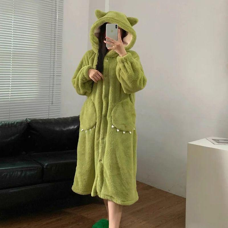 Cozy Hooded Velvet Nightgown with Big Eyes Design - Women's 2024 Winter Coral Fleece Loose-Fit Pajamas for Couples
