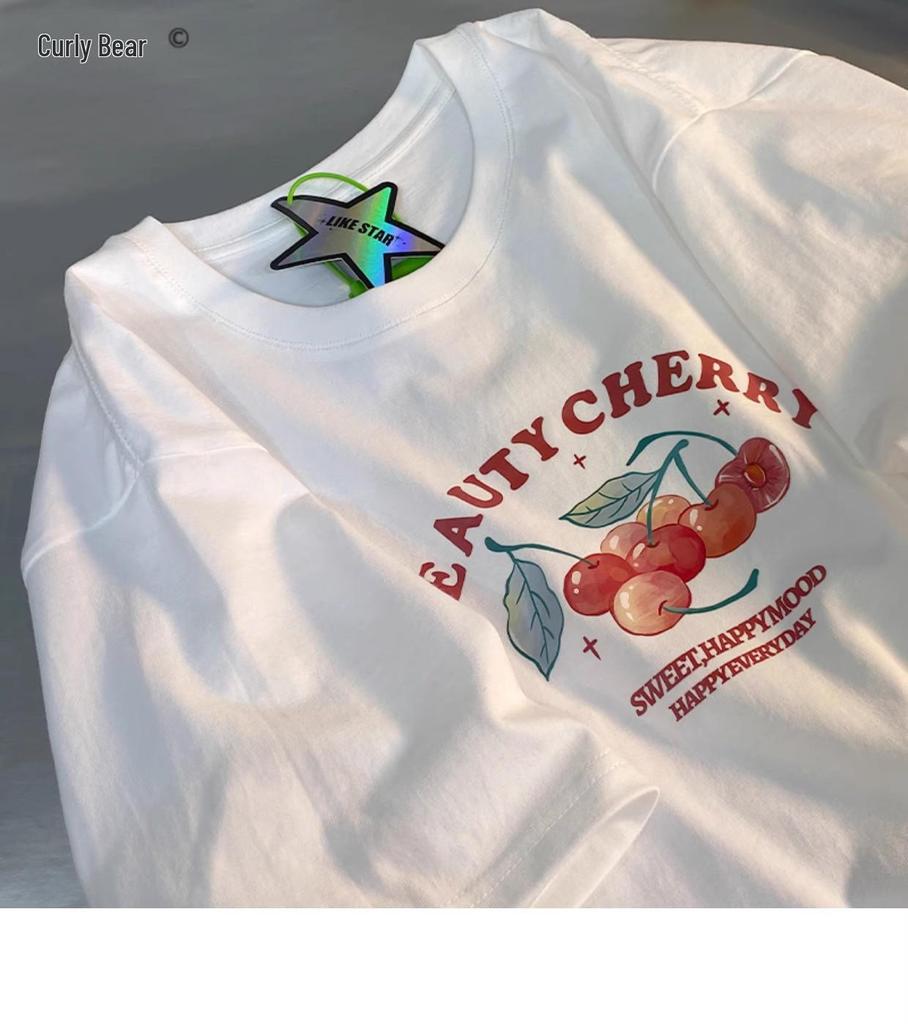 7 Cherries Women's 230g Cotton Short-Sleeve T-Shirt, 2024 Edition - Loose Fit, Soft & Sweet Style