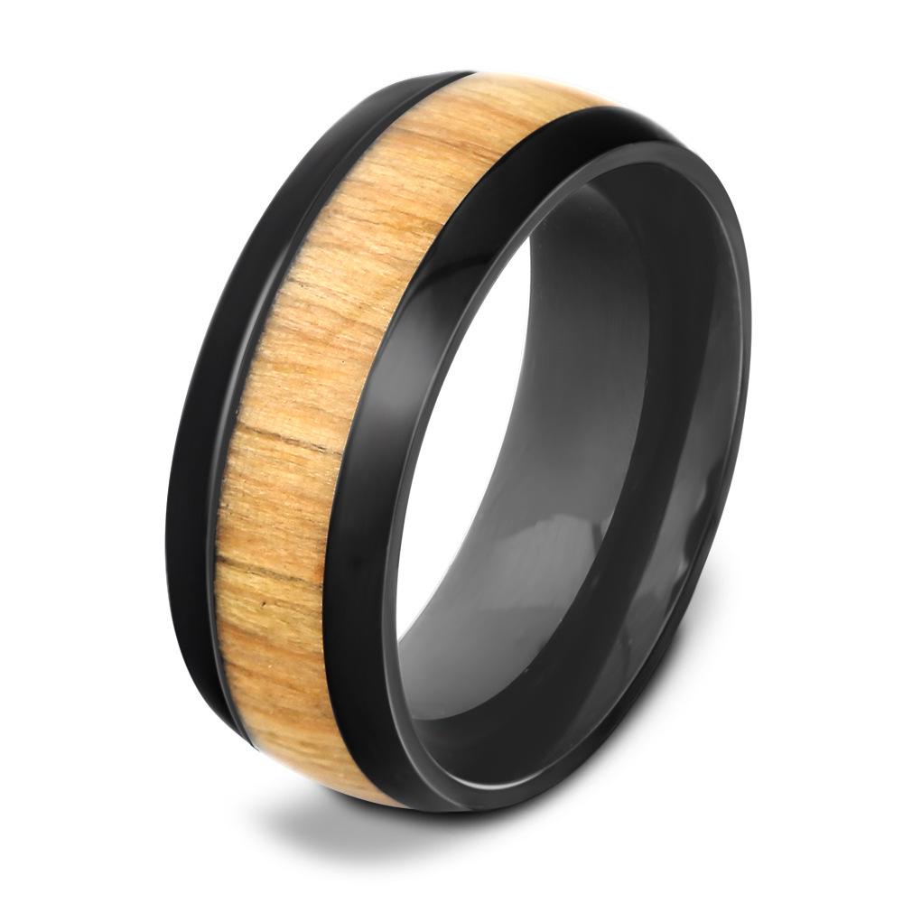 Stylish Double-Sided Stainless Steel & Wood Grain Ring - 8mm Fashion Jewelry Size 9 чёрный