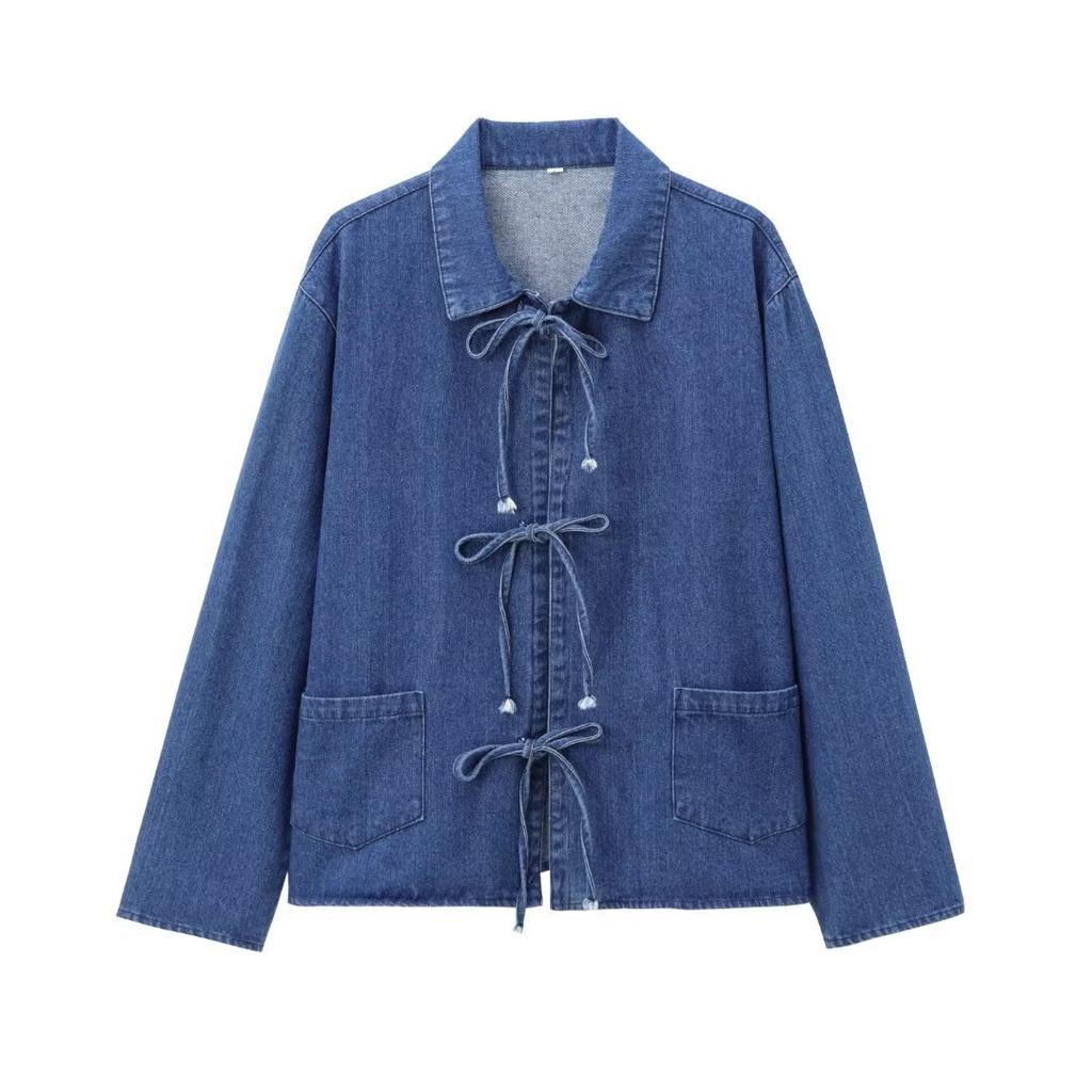 1116 Winter Europäischer und Amerikanischer Revers-Strickjacke Schnürung Lässig Vielseitig Jeanshemd Top Y11111