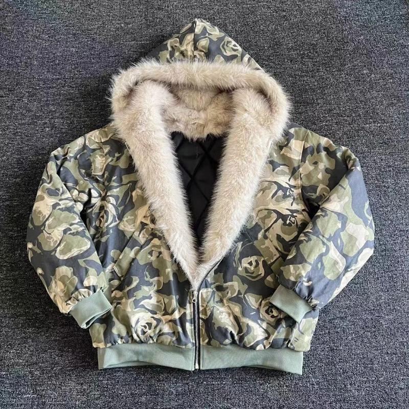 American Fashion New Camouflage Fur Collar Thick Velvet Jacket Y2K Punk Wind Rock Tide Brand Baggy Hooded Couple Sports Coats