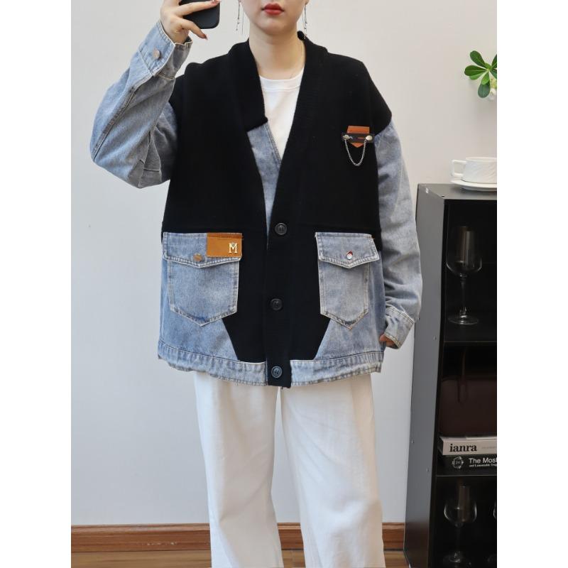 Splicing denim knitted double-sided woolen cardigan autumn and winter new loose design sweater jacket women