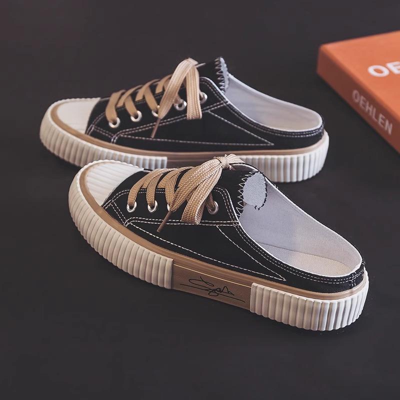 Super fire bag head half slippers women's outer wear 2025 summer new lazy thick-soled white canvas cool slippers sandals