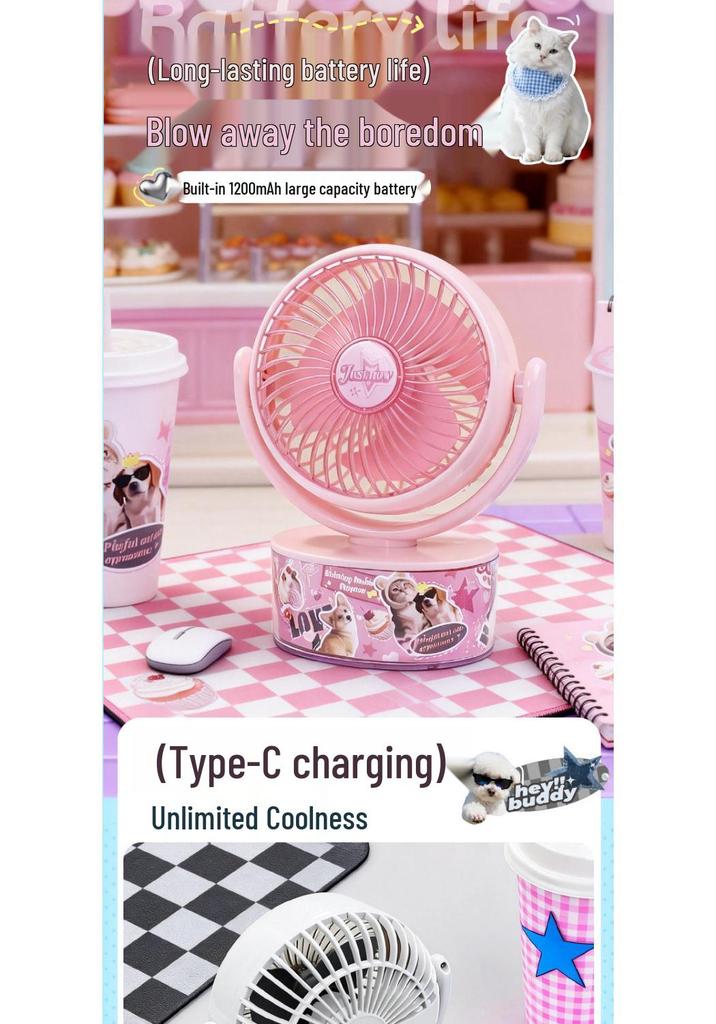 2026 Transparent Desktop Fan - Cute Animal Design, Low Noise, USB Rechargeable, Ideal for Dorms and Homes.