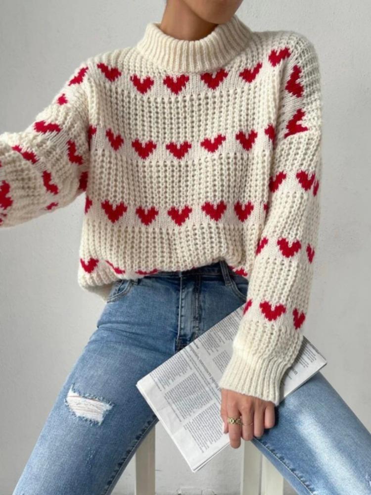 Spring Autumn Heart Jacquard Sweater Women's Loose Relaxed-fit Pullover Luxurious Soft Knit Slimming Versatile Casual Top