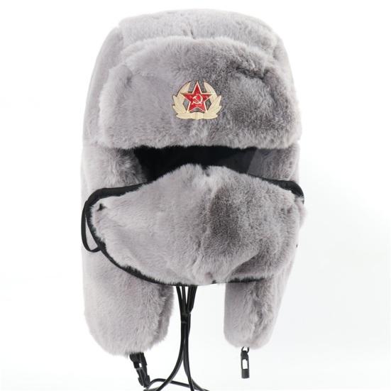 Cappello invernale unisex Lei Feng Cappello Protezione completa Pelliccia di coniglio sintetica spessa Morbido Antivento Calore Morbido Badge Decor Cappello da campeggio all'aperto Escursionismo