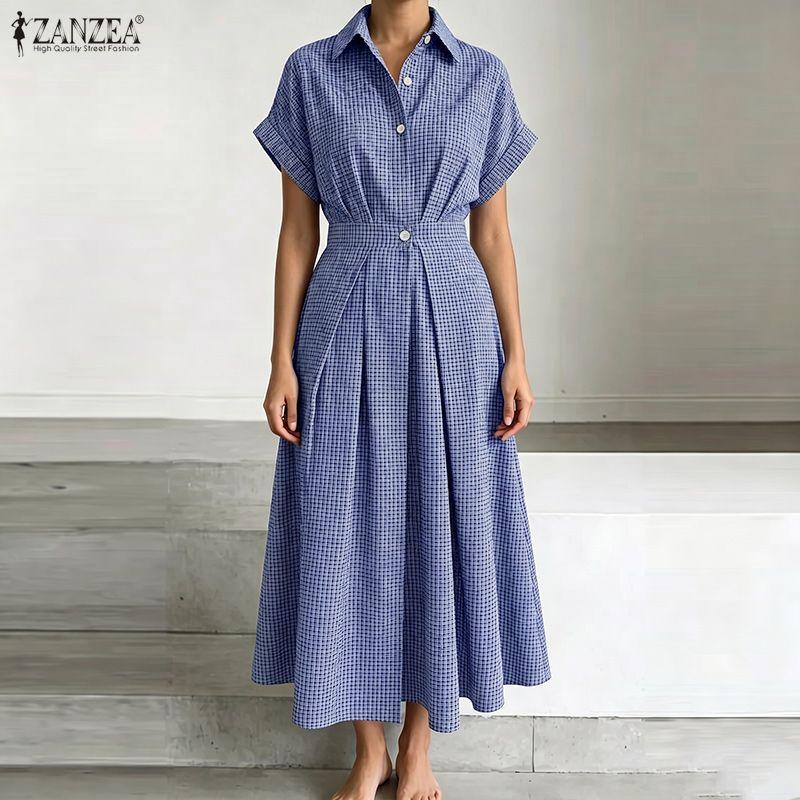 ZANZEA Casual dames overhemdjurk met omgeslagen kraag, ruitprint, losse korte mouwen