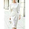 Damen Bootausschnitt Midi Kleid 3/4 Ärmel Raffung in der Taille Asymmetrischer Wickel Enganliegend Bodycon Büro Party Kleid