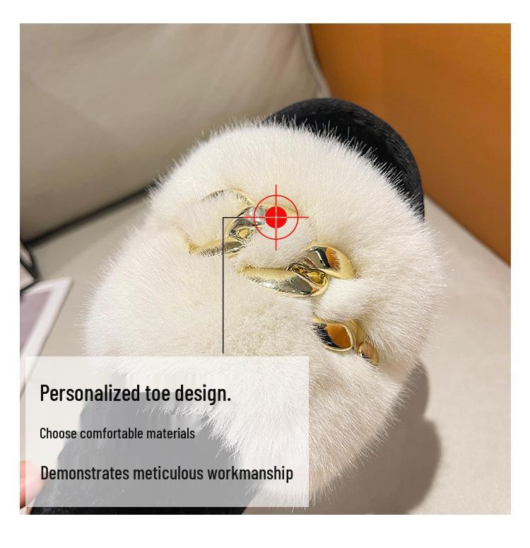 Women's Autumn/Winter Furry Slippers with Metal Chain - Fashionable Warm Flat Fur Slippers