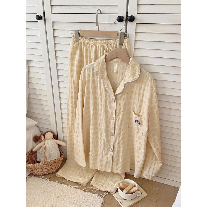 Love cat colored cotton grid pajamas women's spring and autumn long-sleeved trousers cardigan set loose break can wear loungewear