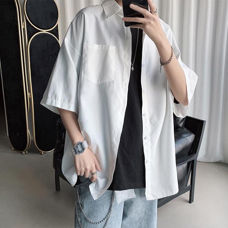 Men Summer Short Sleeve Solid Color Shirt Loose Thin Large Size Sports Coat