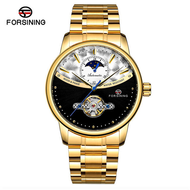 Forsining Automatic Watch Men's Blue Moon Phase Tourbillon Mechanical Watches Black Steel Band Waterproof Clock