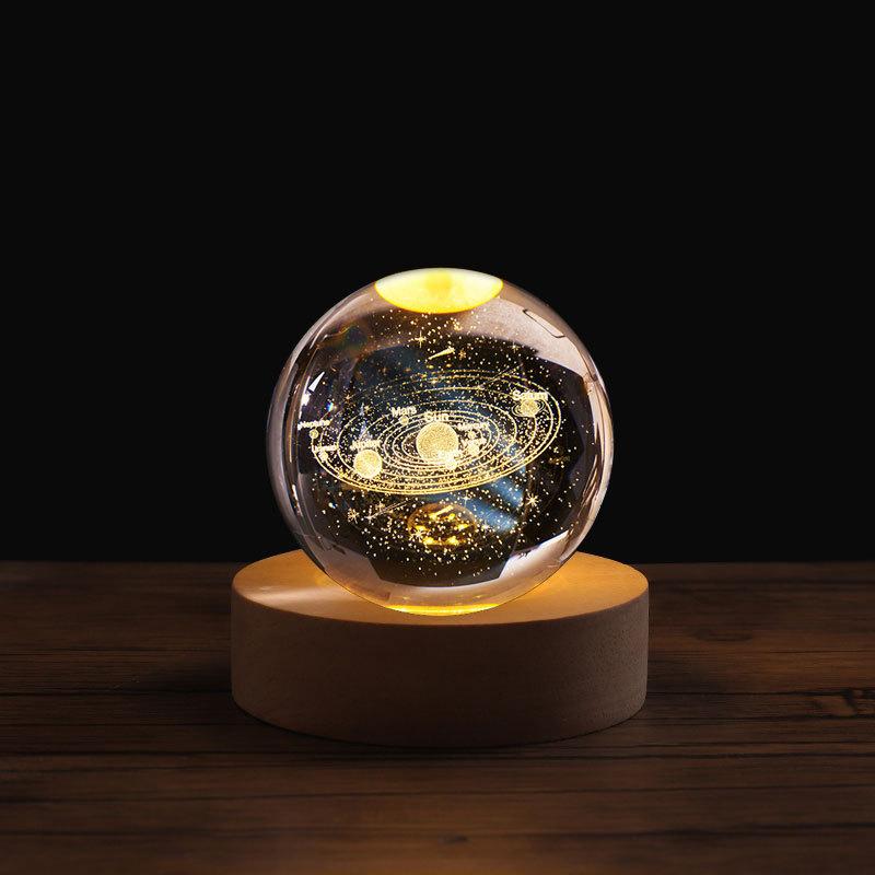 8cm Crystal Ball Night Light Galaxy 3D Laser Engraved Ornament Wooden Galaxy Night Lamp