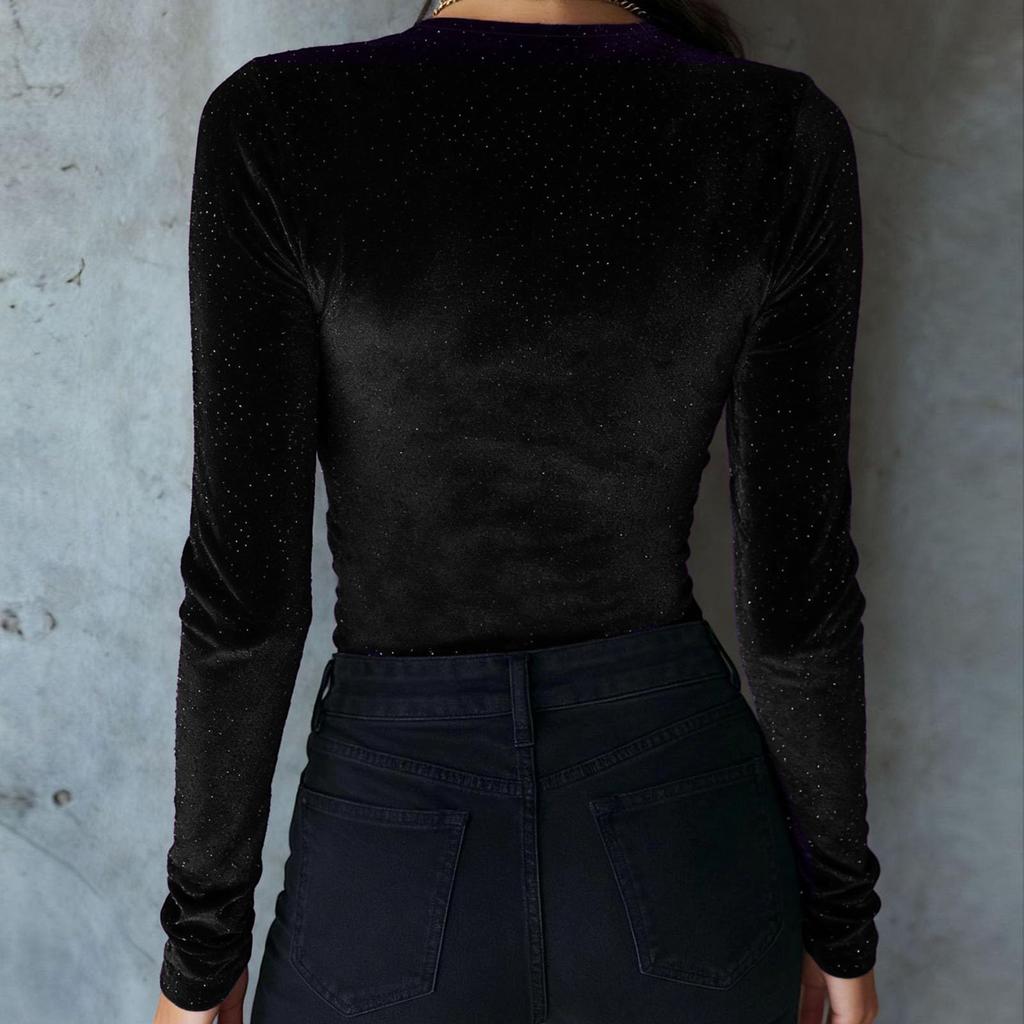 Women's ,Color Fashionable Elegant Velvet Slim,Fit Long,Sleeve Top