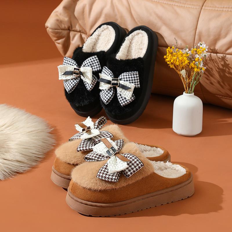 Bow Cotton Slippers Autumn and Winter Cotton Shoes Home Platform Warm Shoes Plush Household Wool Slippers