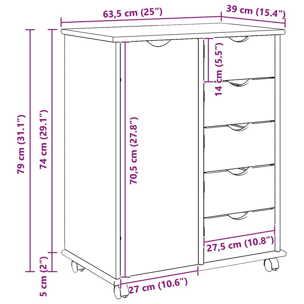 Mobile Cabinet with Wheels Brown 63.5 x 39 x 79 cm Solid Pine Wood
