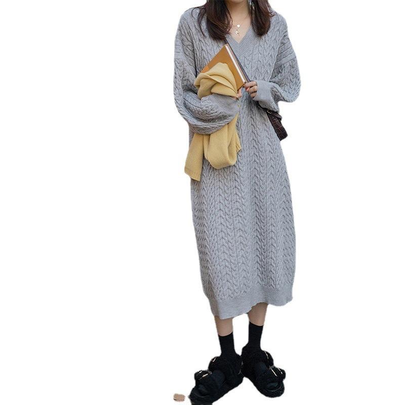 Autumn and Winter V-neck Retro Twist Embossed Pullover Sweater, Medium and Long Casual Knitted Bottoming Dress for Women