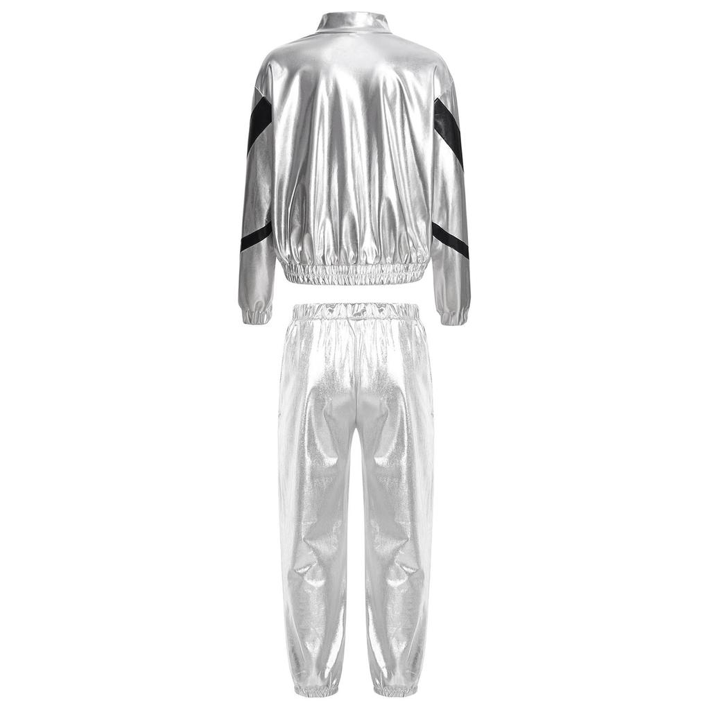 Girls Hip Hop Dance Jacket Metallic Zipper Contrast Color Stand Collar Coat Glittery Waist Pants Set