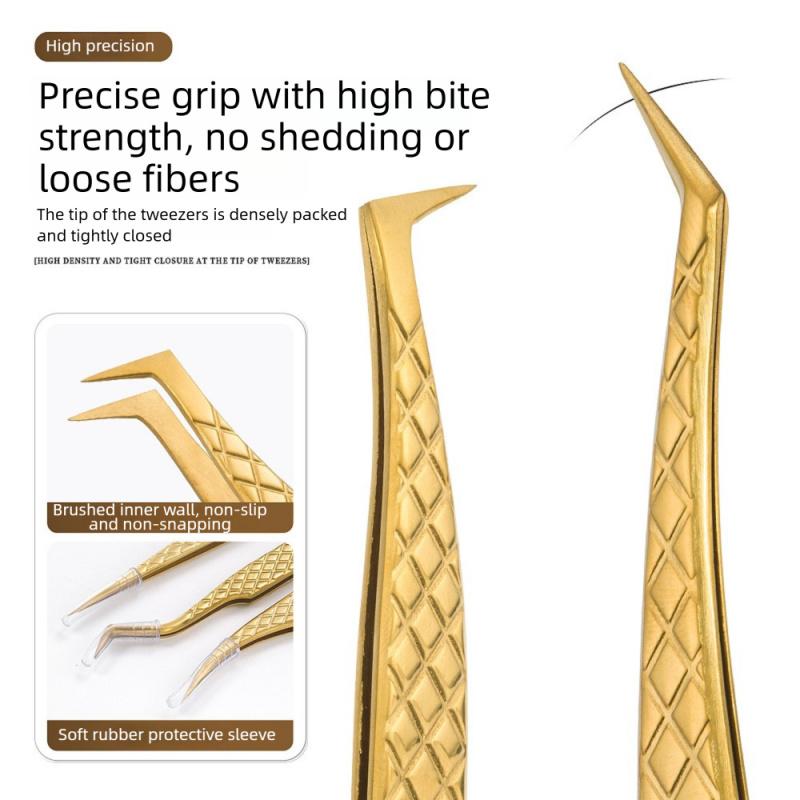 Golden High Precision Net Pattern Eyelash Extension Tweezers, Professional Beauty Lash Feather Clip, Durable False Eyelash Graft
