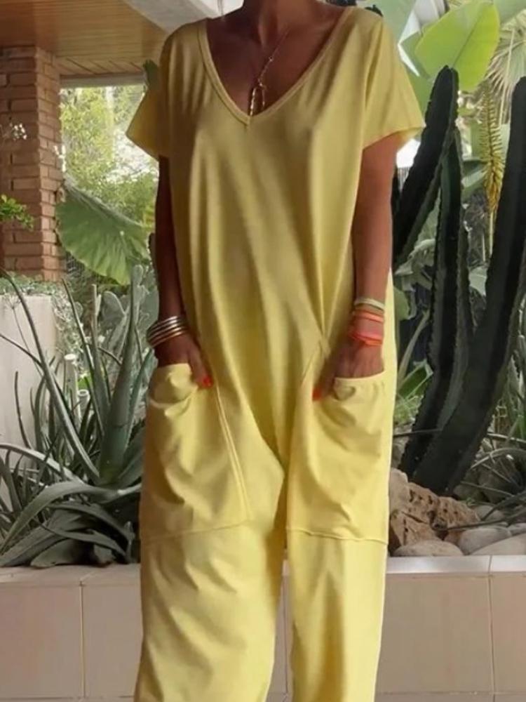 Summer Women's Jumpsuit, Solid-color V-neck, Oversized Pocket, Low-end One-piece Pants