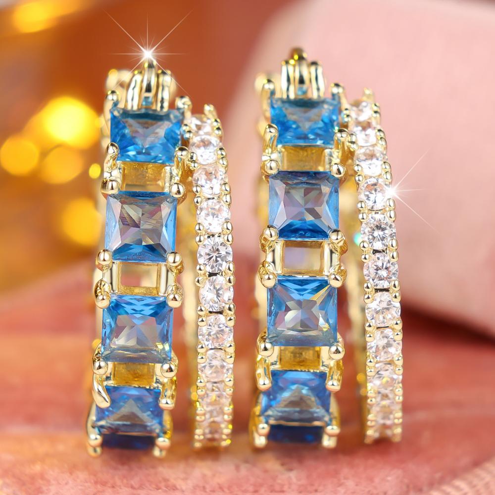 Fashion Gold Color Square Blue White Zircon Double Row Hoop Earrings for Women Party Luxury Jewelry