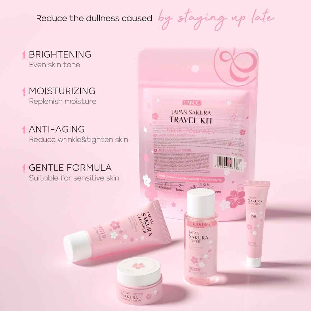 LAIKOU Japan Sakura Skin Care Travel Set 4 Pcs Cleanser, Toner, Cream, Essence
