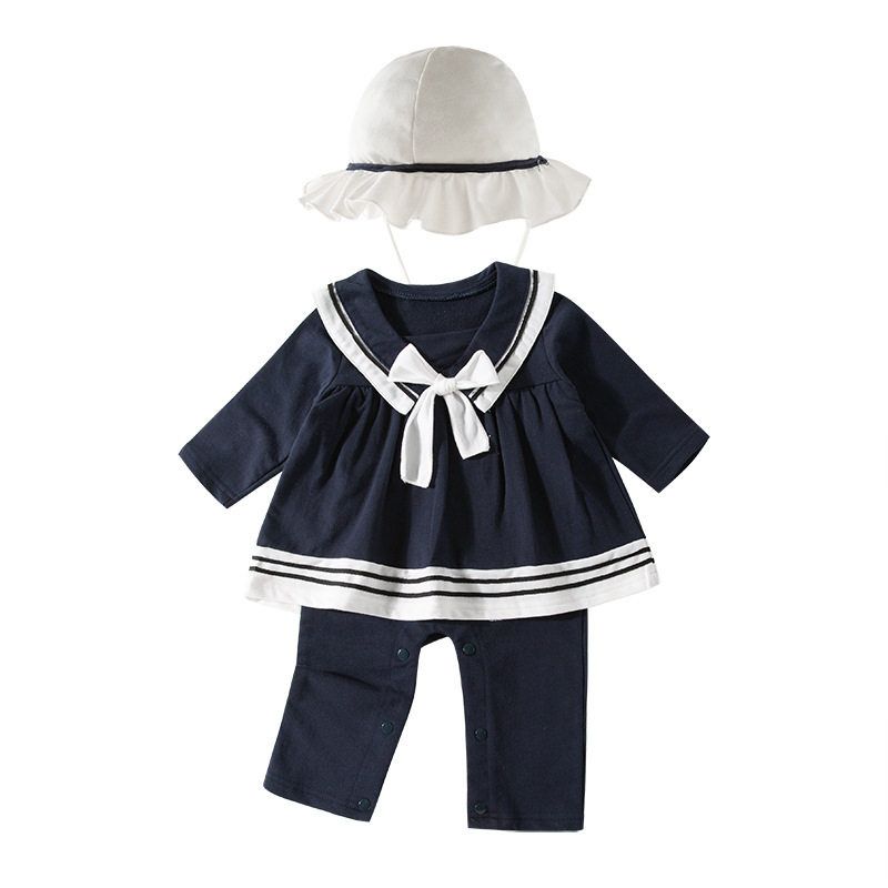 Girls Navy Dress Romper Long-Sleeved Baby Jumpsuit + Hat Navy Blue 70 cm