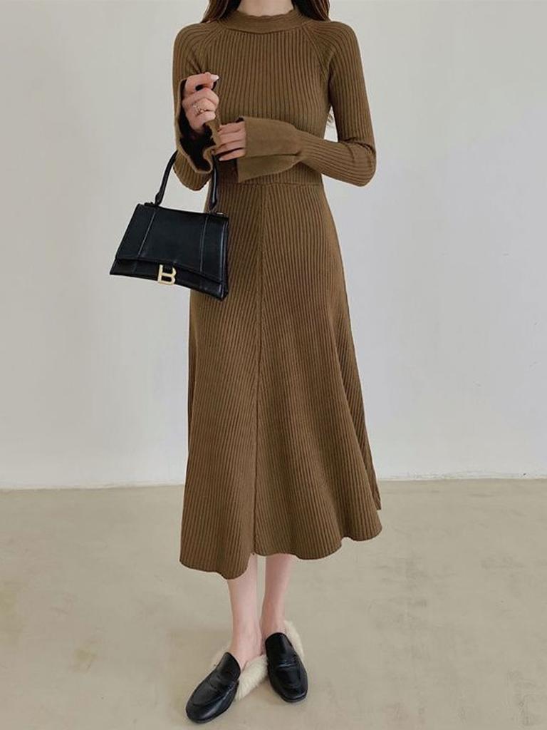 Women's Knitted Dress Long Sleeves Half Turtleneck Sweater Dress Hollow Fashion Clothing Autumn Winter