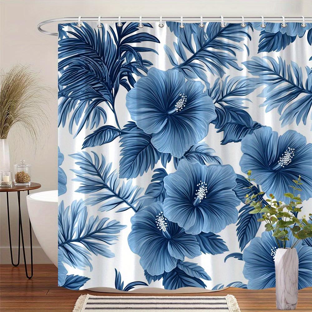 

1pc Hibiscus and Tropical Plants Shower Curtain - Blue and White Vintage Botanical Digital Print with Hook Machine Washable 90X180cm