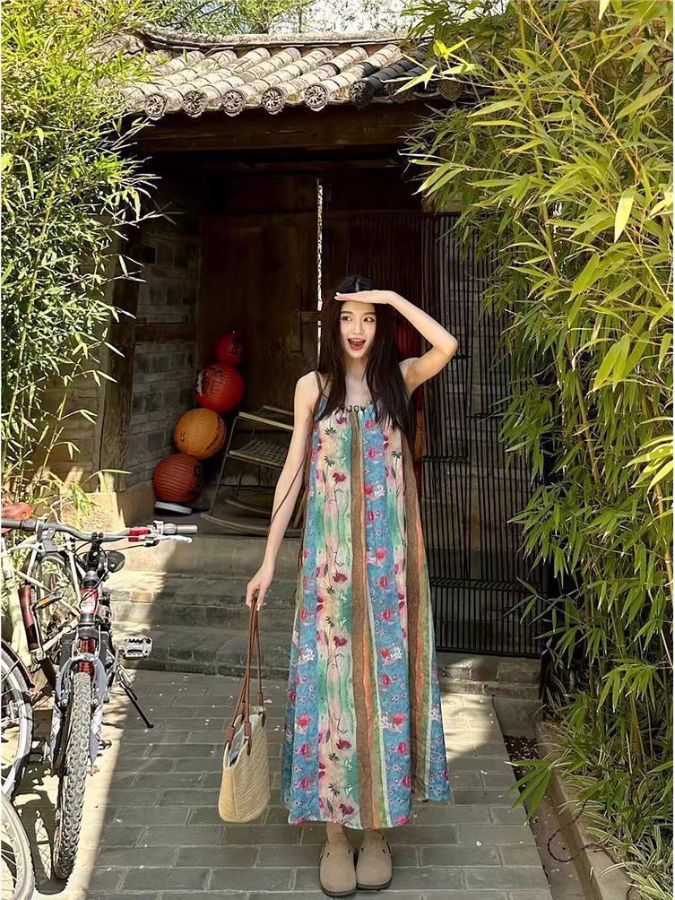 Women's Summer Seaside Floral Maxi Dress - Spaghetti Straps, French Retro Style