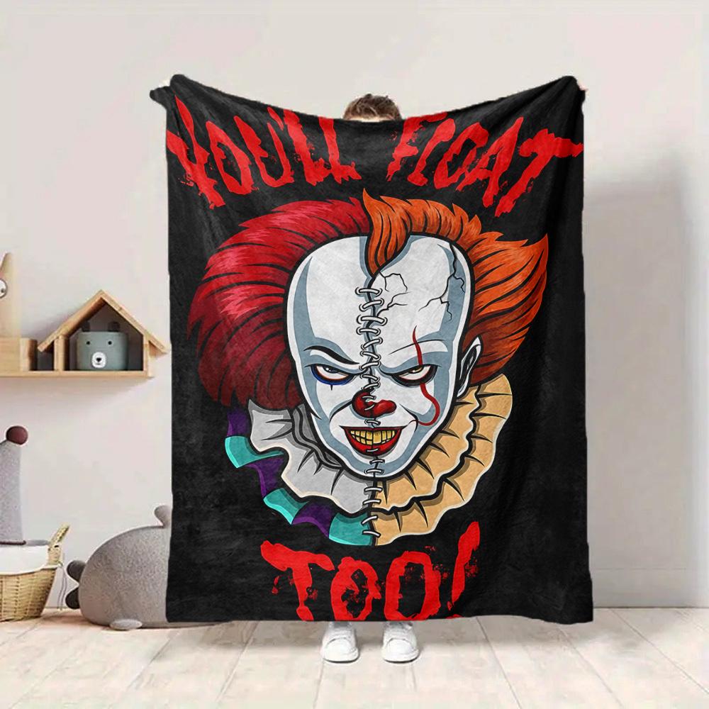 1pc It "Clown" Flannel Throw Blanket - HD Printed Lightweight Soft Warm All-Season Blanket for Sofa, Bed, Travel, Camping003